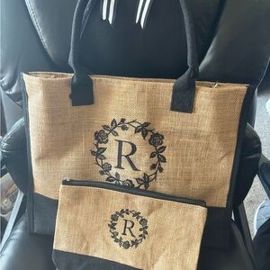 Black and Tan Floral Tote with matching zipper bag. Sold together